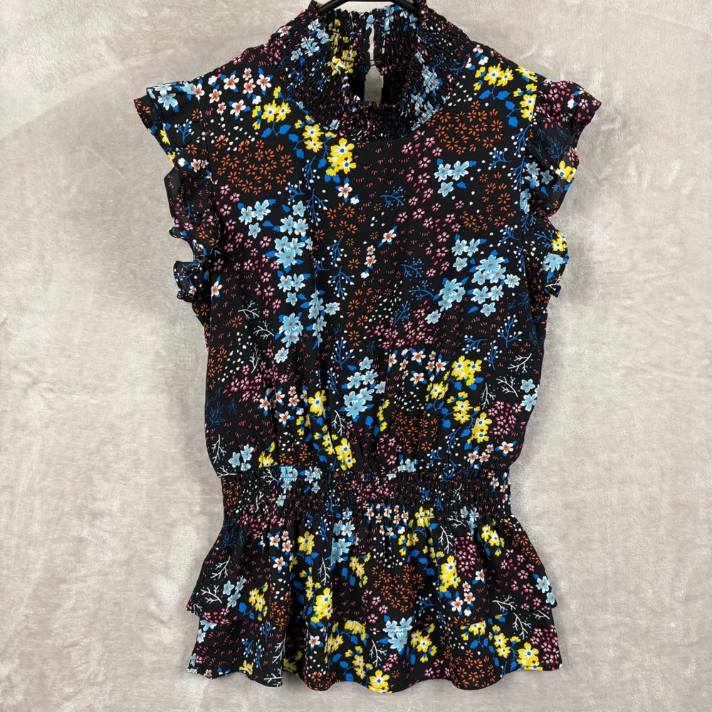 SFW Suitable For Work Blouse Top Women's M Black Smocked Feminine Dark Floral
